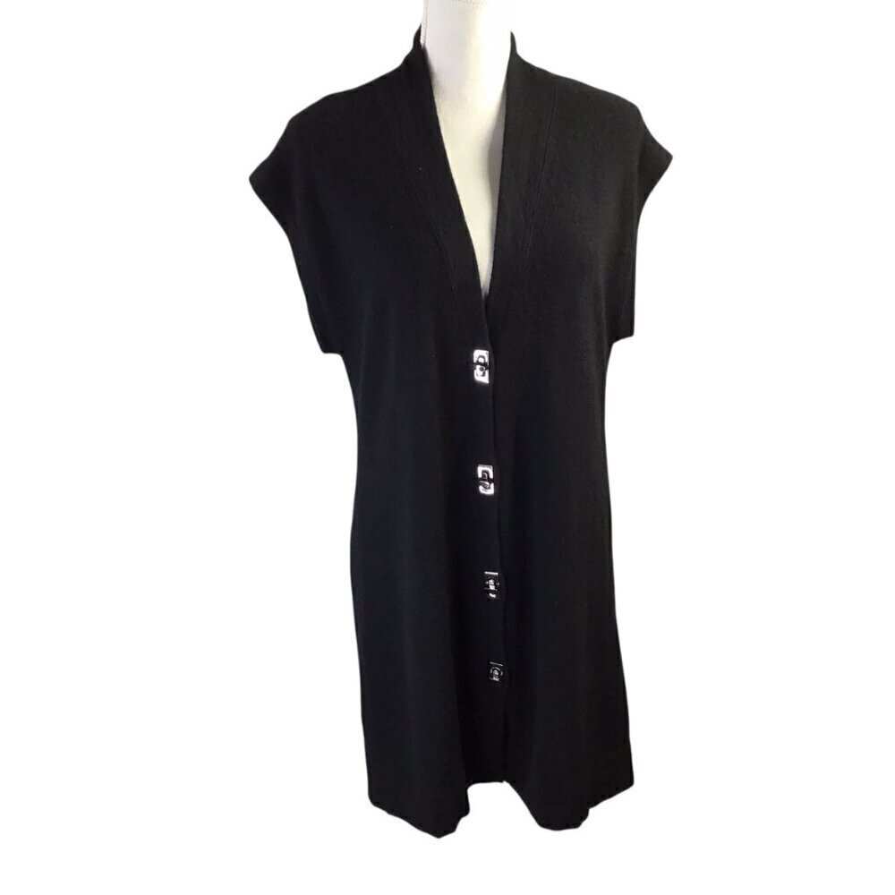 Peck & Peck 2 Ply Cashmere Sweater Vest Cardigan Long Tunic Black Turn Buckle
